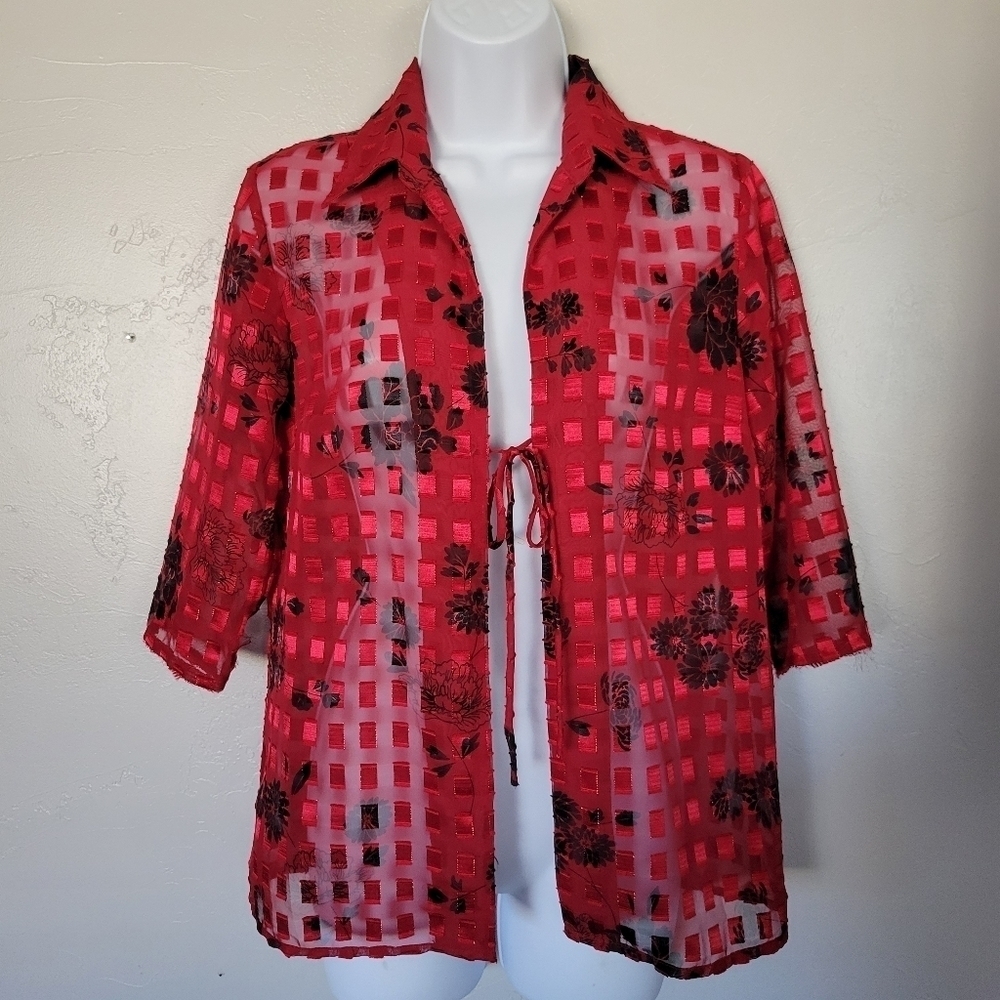 Notations Small Red Sheer Chiffon Black Floral Quarter Sleeve Raised Swiss Block